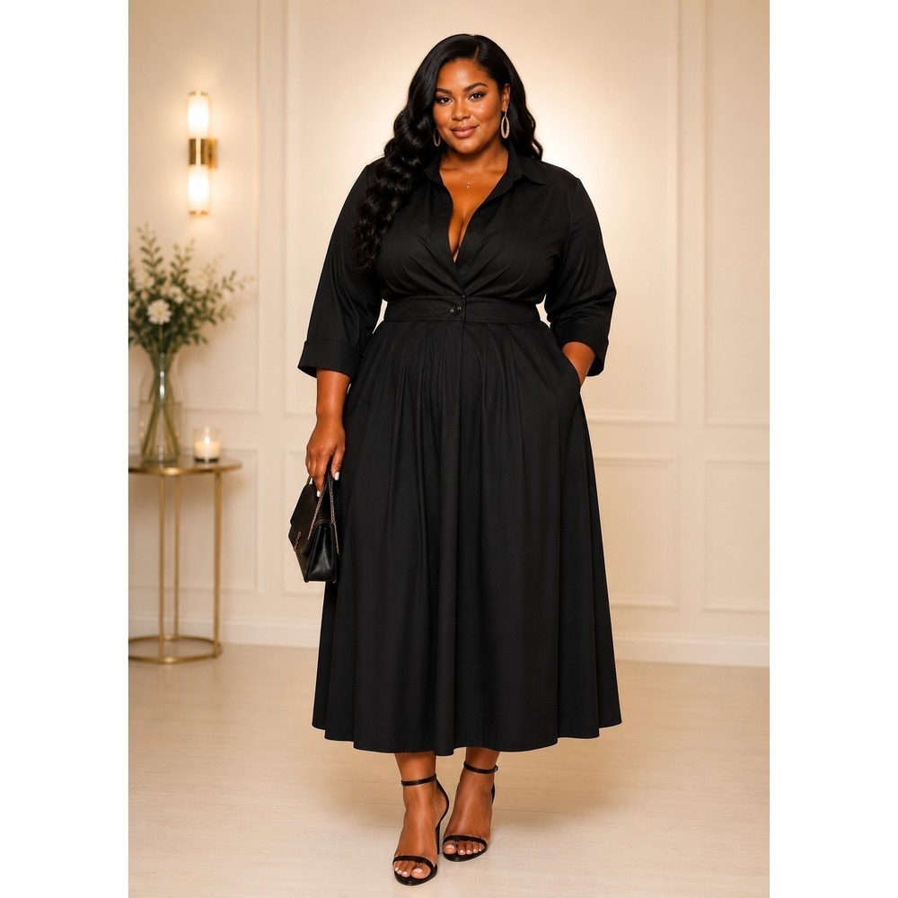 3XL-NWT Uoozee Women's Black Long Sleeve ShirtDress Single Button Gathered Waist